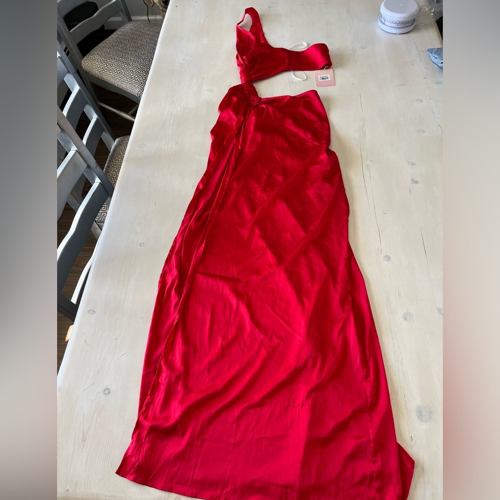 Hello Molly One-Shoulder Red Satin Maxi Dress
